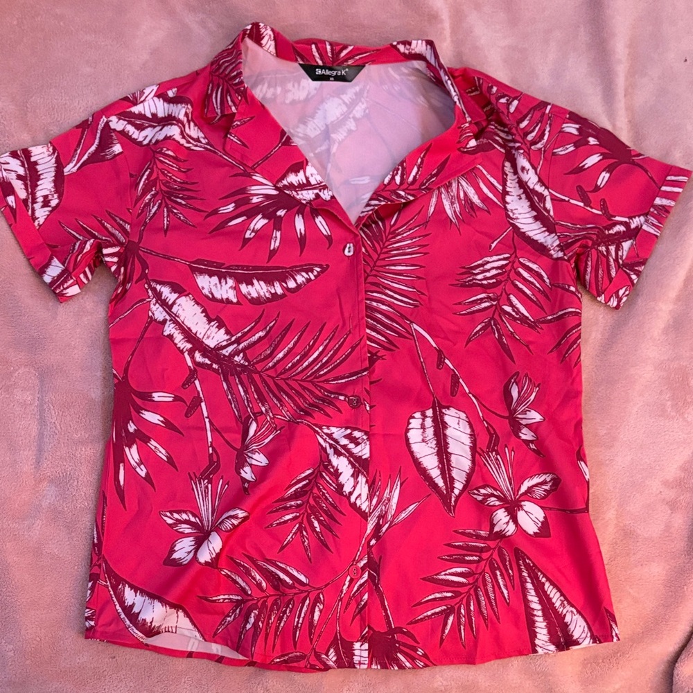 SHEIN Red Tropical Print Button Down Shirt